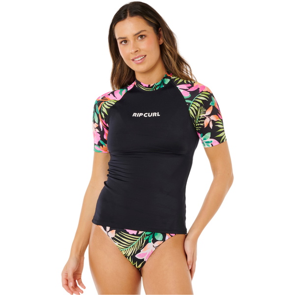 2026 Rip Curl Mujer Molokai Camiseta De Manga Corta Con Inserción Floral De Licra 19SWRV - Black